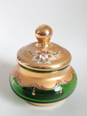 Vintage Bohemian Green Glass High-Enamel Lidded Candy Dish